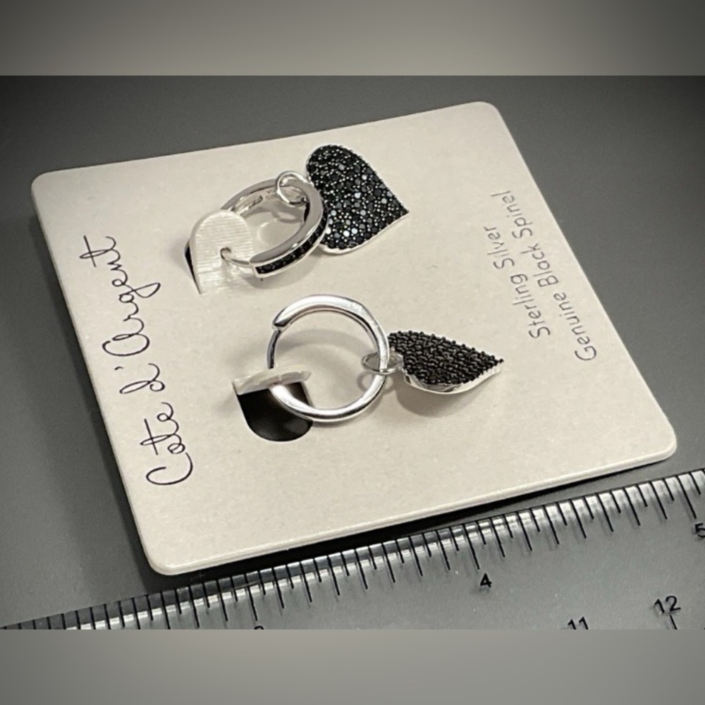 NWT COTE d’ ARGENT STERLING SILVER & BLACK SPINEL HEART HOOP EARRINGS! AMAZING! - Picture 5 of 6